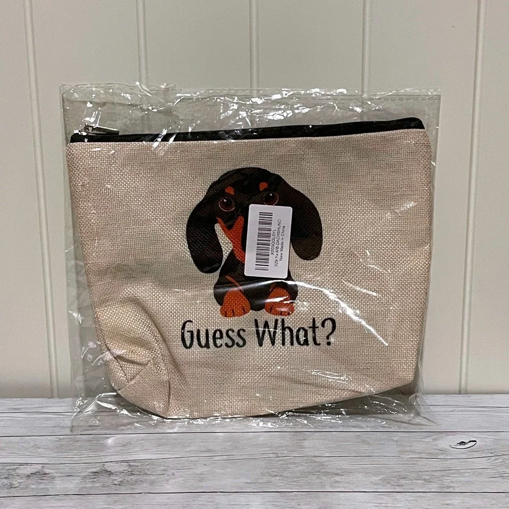 Guess What Dachshund Butt Cosmetic Bag Linen Zipper Pouch Beige Weiner Dog